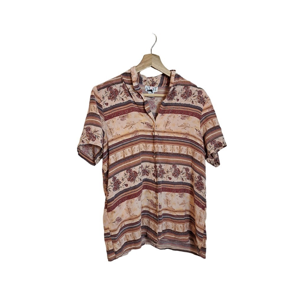 Vintage 100 Silk Women's Stunt Multicolor Boho Button Up Short Sleeve M